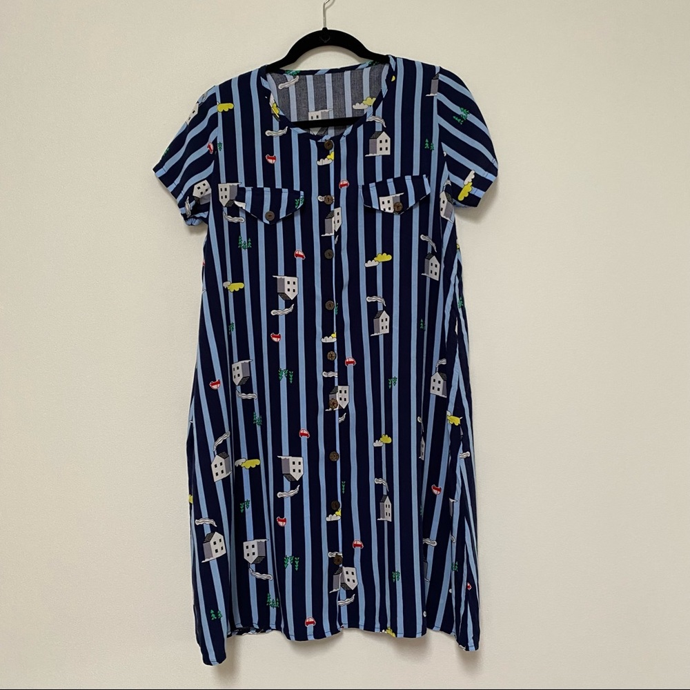 Novelty Print House Buttoned Down Dress M Blue